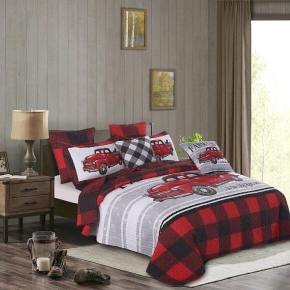NEW! Farmhouse Old Red Truck Printed QUEEN Quilt Set - Picture 2 of 2